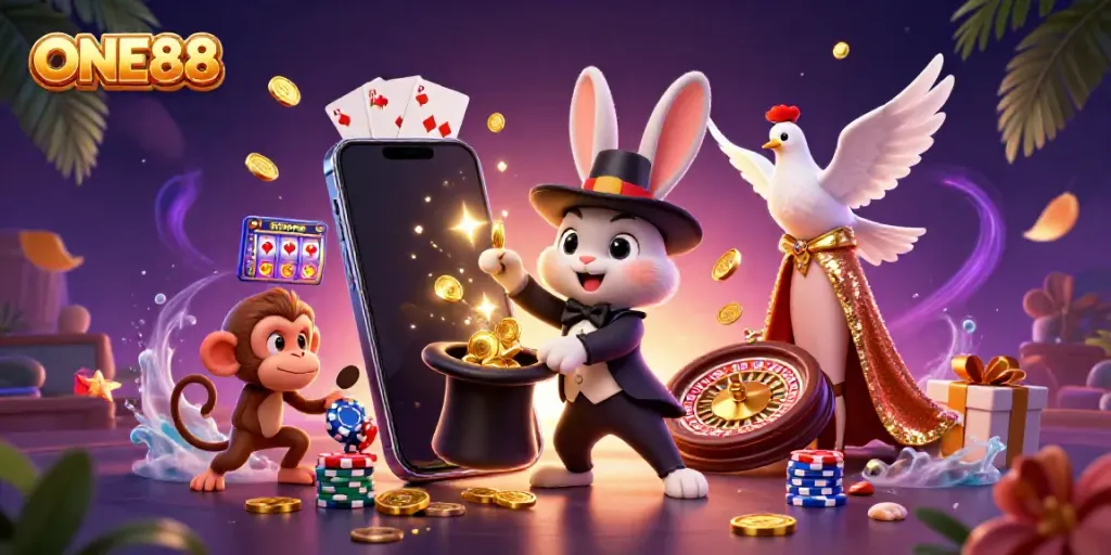 Experience the magic of ONE88 with a whimsical scene showcasing a magician rabbit and other playful characters amidst a vibrant casino setting.