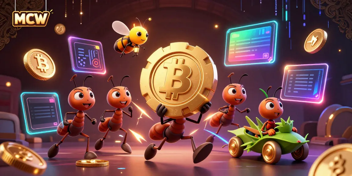MCW presents a thrilling heist scene with ants and a firefly, showcasing vibrant crypto elements in a dynamic tunnel.