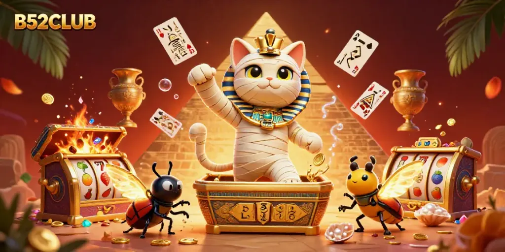 B52CLUB gaming experience with an Egyptian mummy cat and scarab beetle in an animated casino scene.