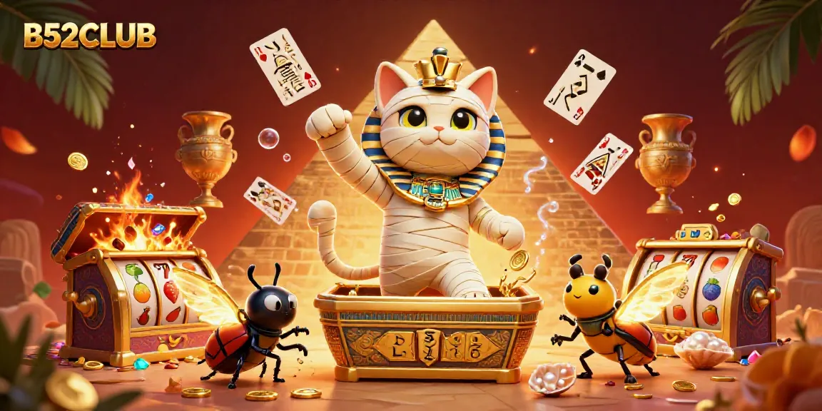 B52CLUB gaming experience with an Egyptian mummy cat and scarab beetle in an animated casino scene.