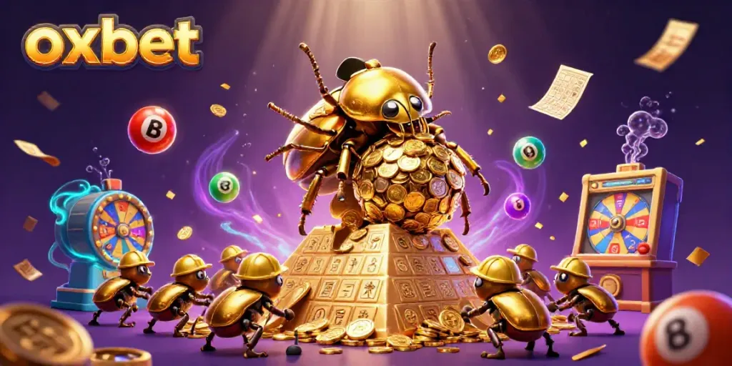 Enjoy the thrill of oxbet with an illustration featuring a golden beetle amidst casino elements and vibrant lottery balls.