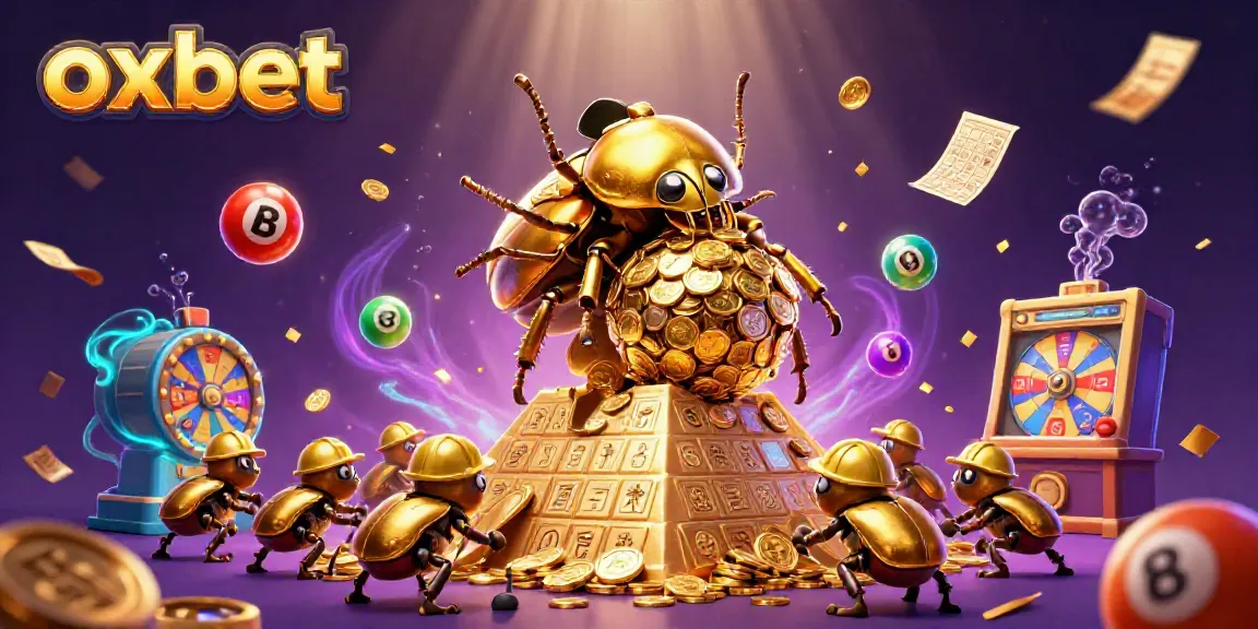 Enjoy the thrill of oxbet with an illustration featuring a golden beetle amidst casino elements and vibrant lottery balls.