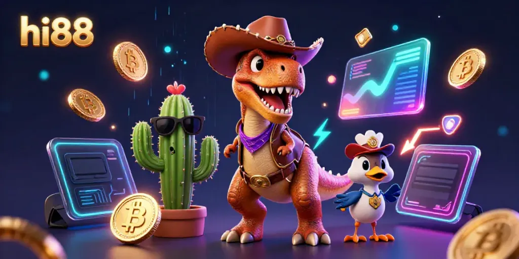 hi88 showcases a vibrant 3D casino scene with a cowboy dinosaur and glowing crypto elements.