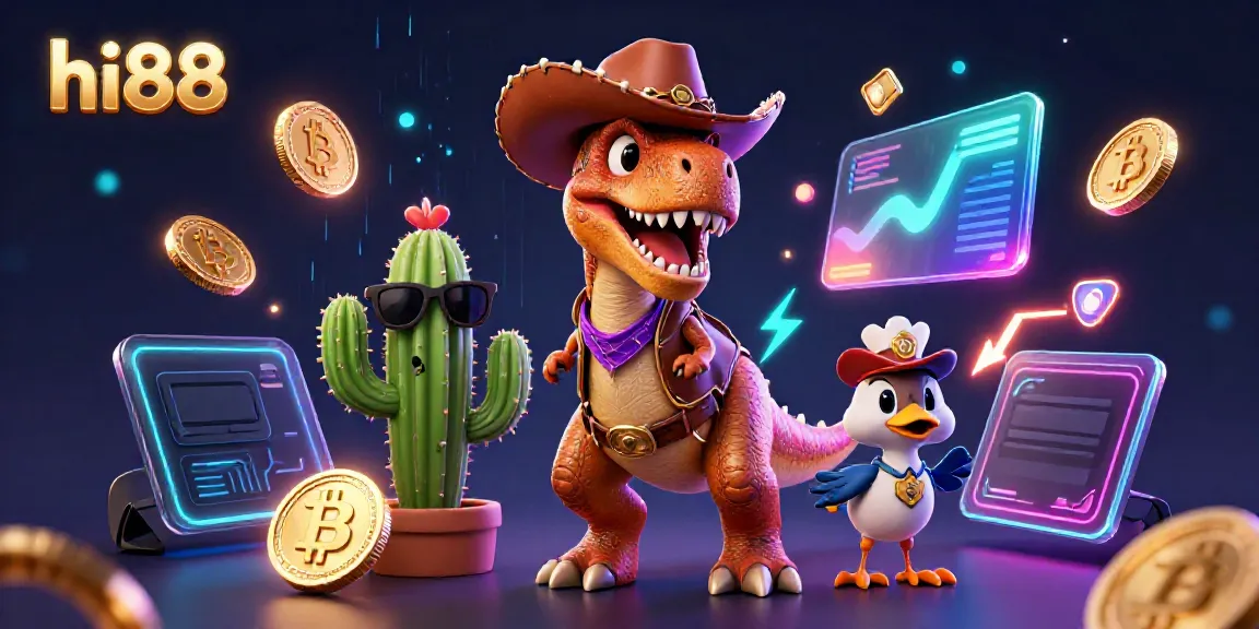 hi88 showcases a vibrant 3D casino scene with a cowboy dinosaur and glowing crypto elements.