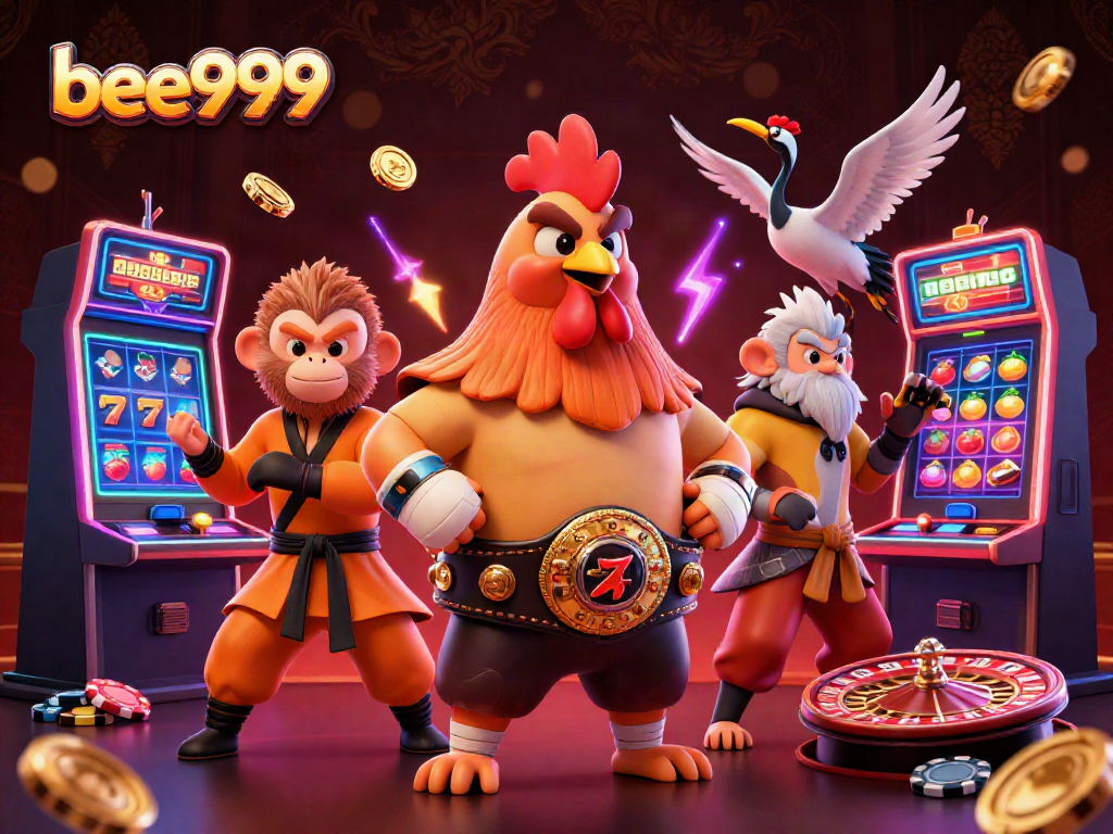 Engage with bee999's vibrant casino scene featuring a Muay Thai rooster and Shaolin monkey amidst dynamic slot machines.