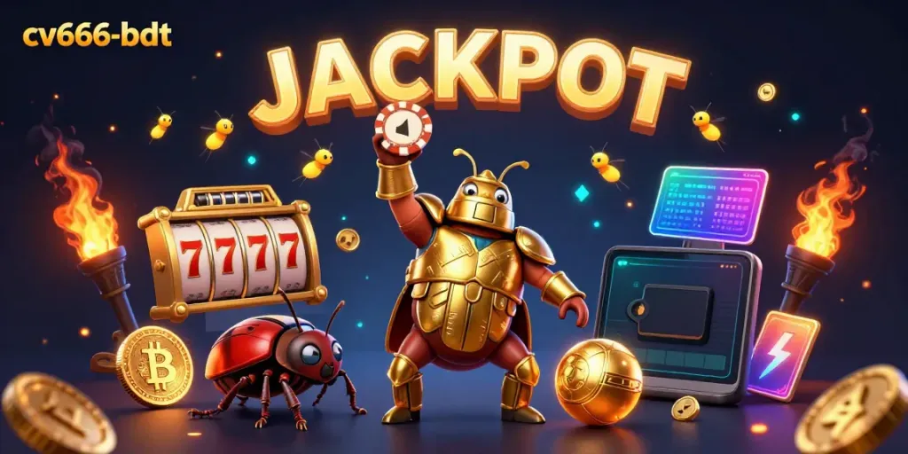 Experience the excitement of cv666-bdt as a hercules beetle celebrates a jackpot win with glowing coins and vibrant game elements.