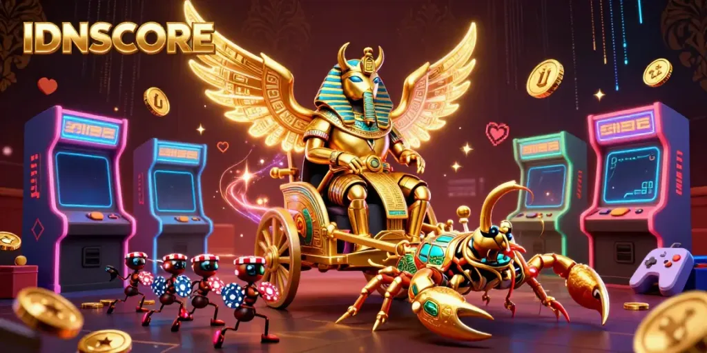 Experience thrilling gameplay with IDNSCORE showcased through a vibrant 3D casino scene.