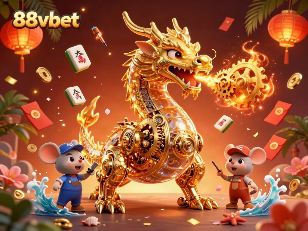 Engage in excitement with the 88vbet golden dragon depicting fluttering mahjong tiles and fireworks.