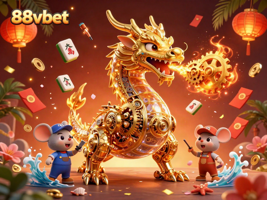 Engage in excitement with the 88vbet golden dragon depicting fluttering mahjong tiles and fireworks.