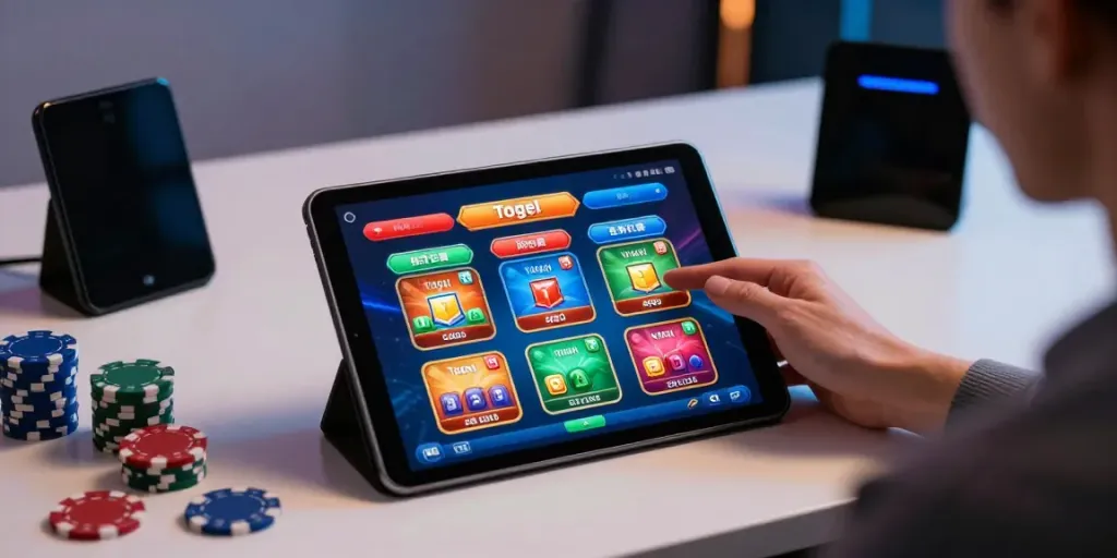 Player interacting with Togel game interface on a tablet at https://totobet.net/ amidst poker chips.