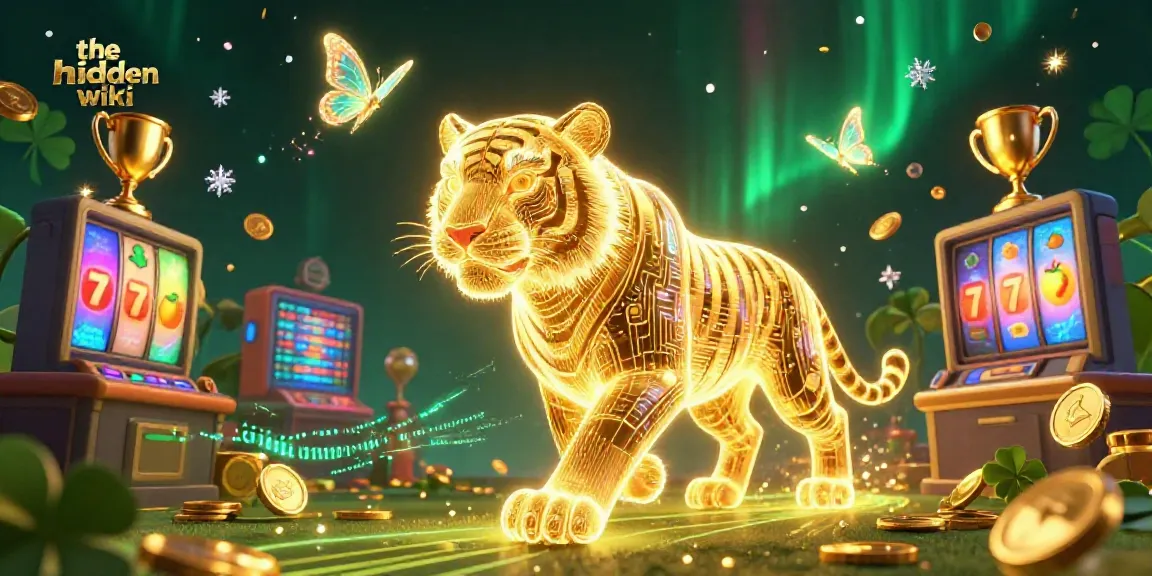 A colorful 3D digital casino scene showcasing the hidden wiki theme with a neon tiger and dynamic slot elements.