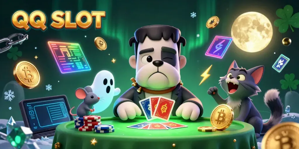 Exciting QQ SLOT gaming experience with a cartoon bulldog dealer and mystical elements in a vibrant casino.