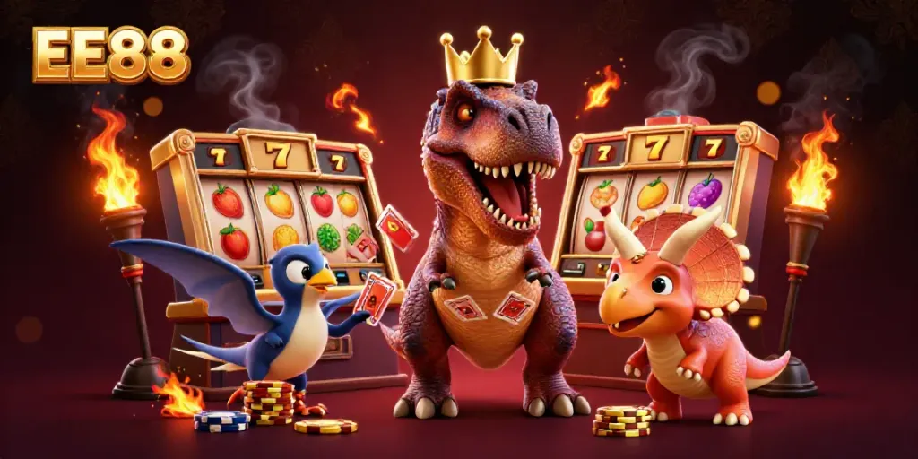 Experience the excitement of EE88 with playful dinosaurs shuffling cards and stacking chips.