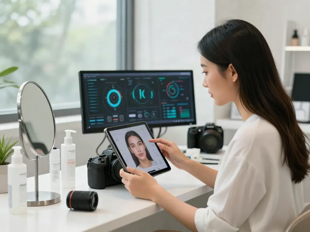 A woman exploring alternatives to QOVES using a facial analysis tablet in a bright, modern beauty studio.