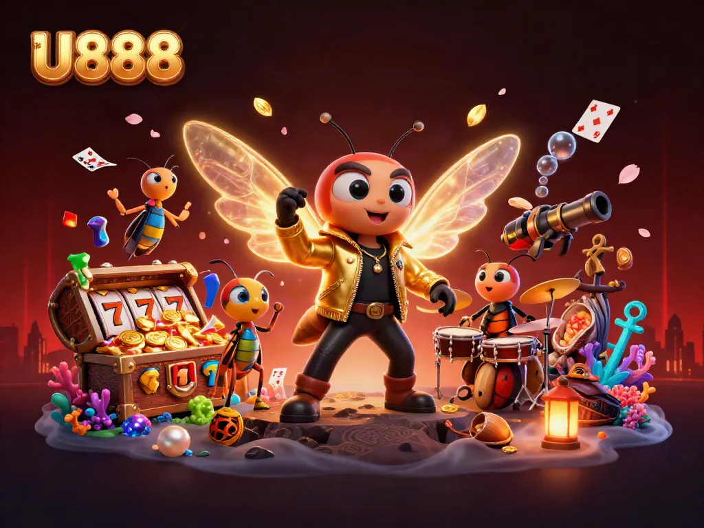 Experience thrilling excitement with U888's vibrant casino scene featuring cartoon characters and dynamic game elements.