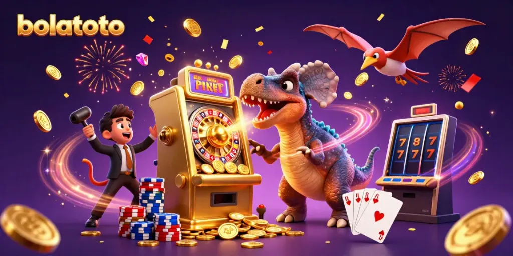 Experience bolatoto excitement as a cartoon dinosaur interacts with a golden slot machine.