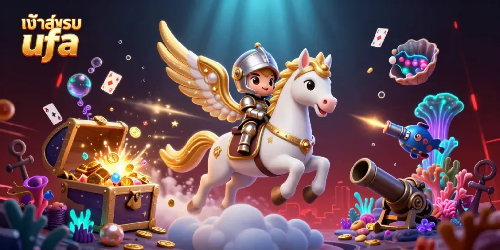 Engage in gaming excitement with a celestial horse, knight, and casino-themed treasures, featuring เข้าสู่ระบบ ufa.