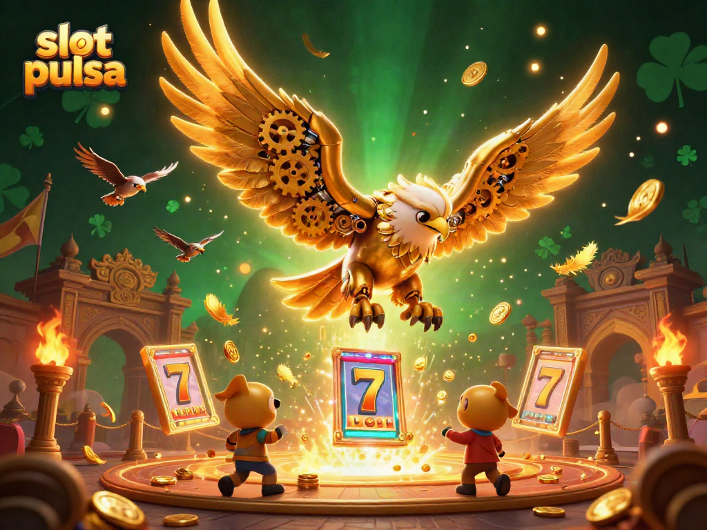 Ilustrasi menarik tentang slot pulsa dengan elang emas dan kartu bermain holografis.