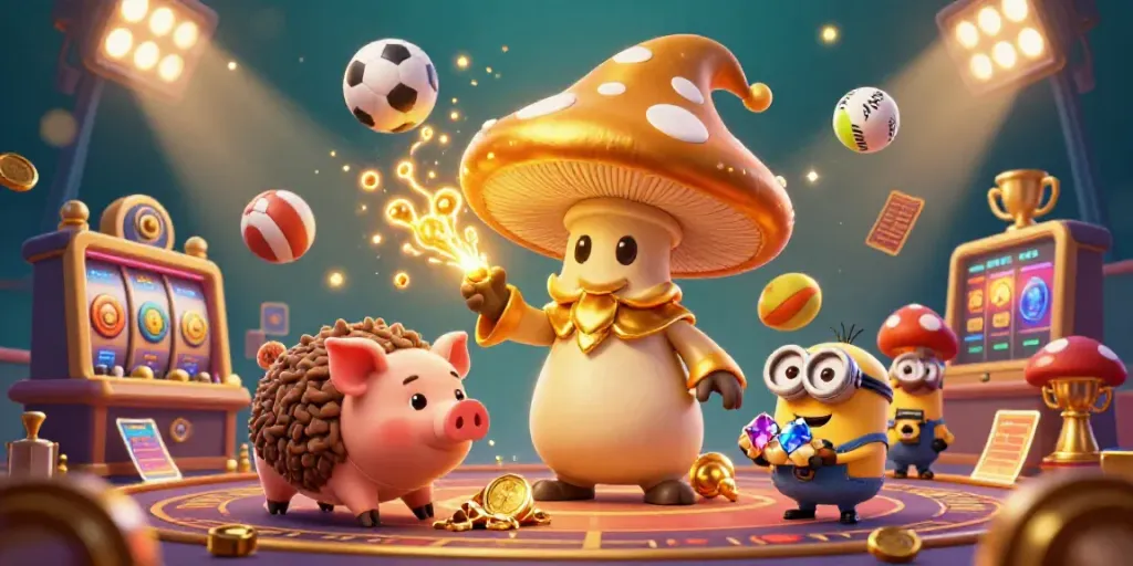 Permainan lotere persik win yang penuh warna dengan karakter si penyihir jamur emas dan babi truffle, dikelilingi elemen kasino yang berkilau.
