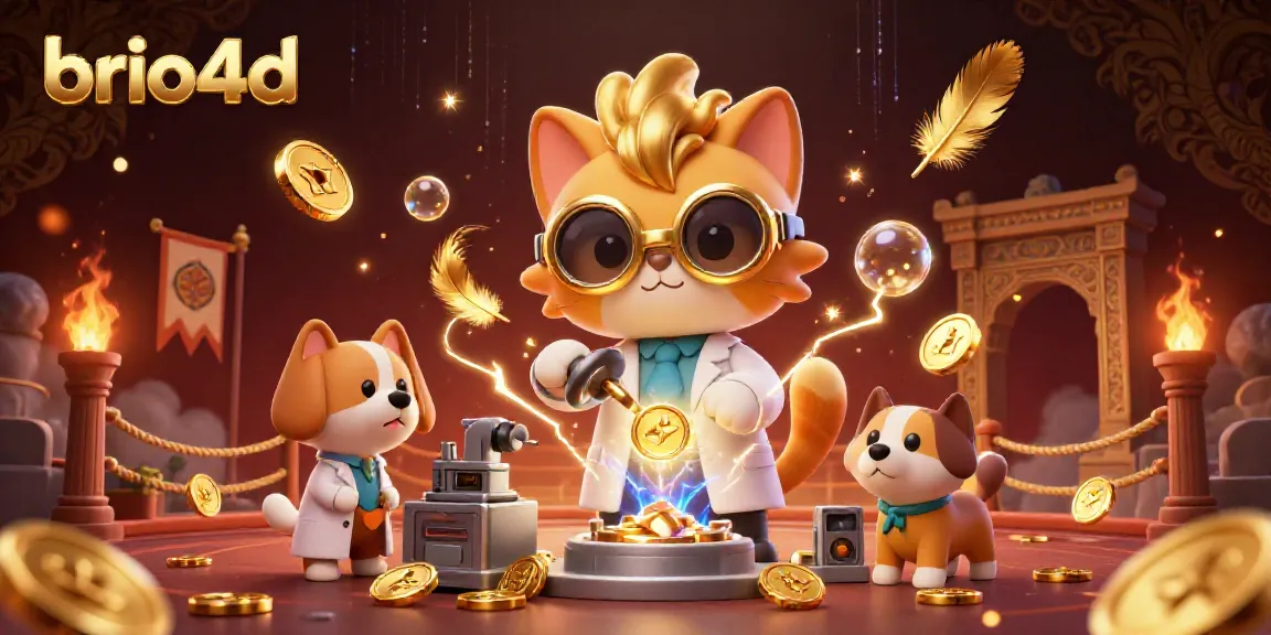Engaging in jackpot excitement with brio4d, a mad scientist cat and assistant illustrating a dynamic casino scene.