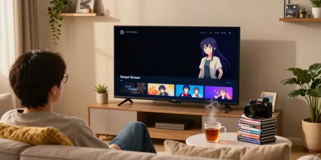 Scène de divertissement à domicile avec l'application Senpai Stream sur TV.