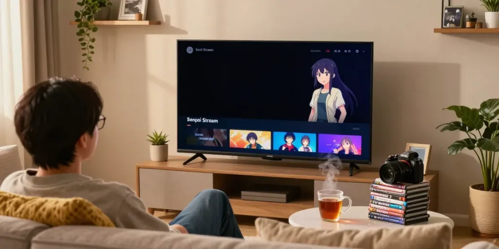 Scène de divertissement à domicile avec l'application Senpai Stream sur TV.
