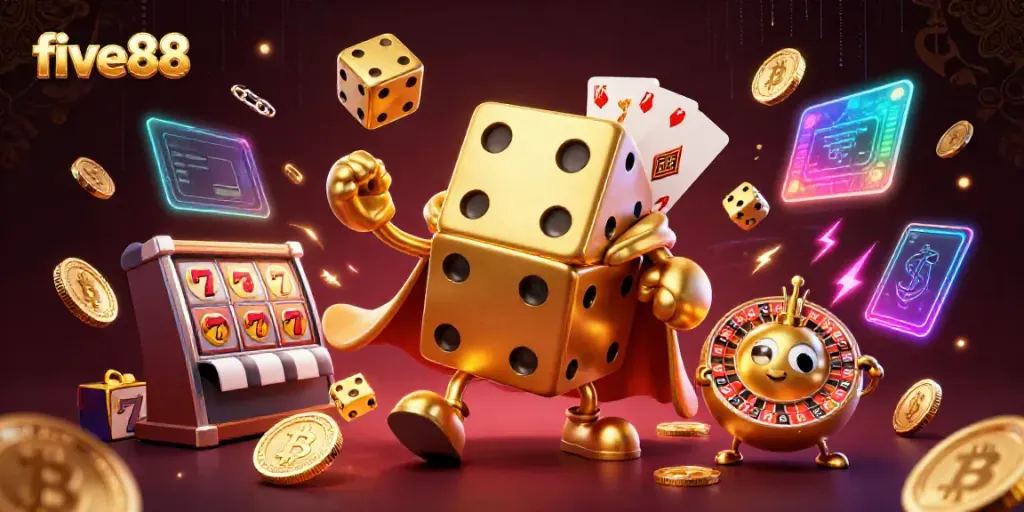 Watch five88's thrilling golden dice golem juggling lucky symbols in a hyper-detailed casino scene.
