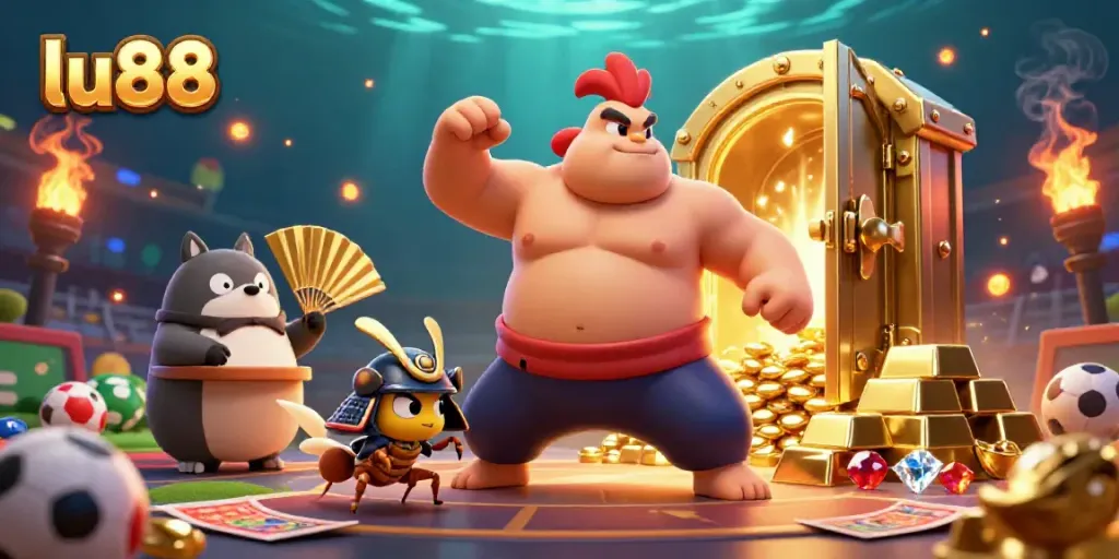 Experience dynamic sports betting at lu88 with a powerful sumo wrestler and treasure-filled scene.