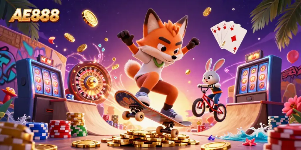 Experience exciting casino fun with AE888 featuring a skateboarder fox and BMX rabbit amidst golden poker chips.