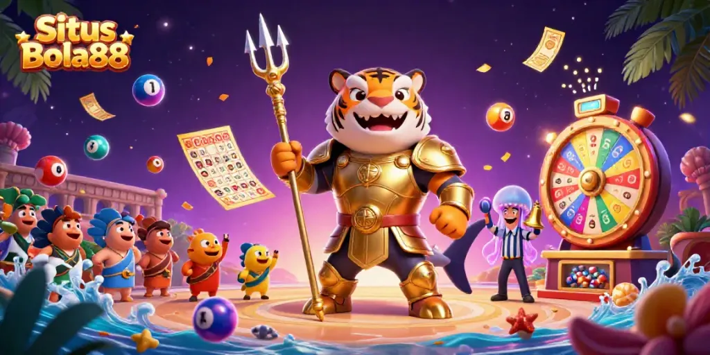 Situs Bola88 showcases an underwater casino scene with a shark warrior and dynamic lottery activities.