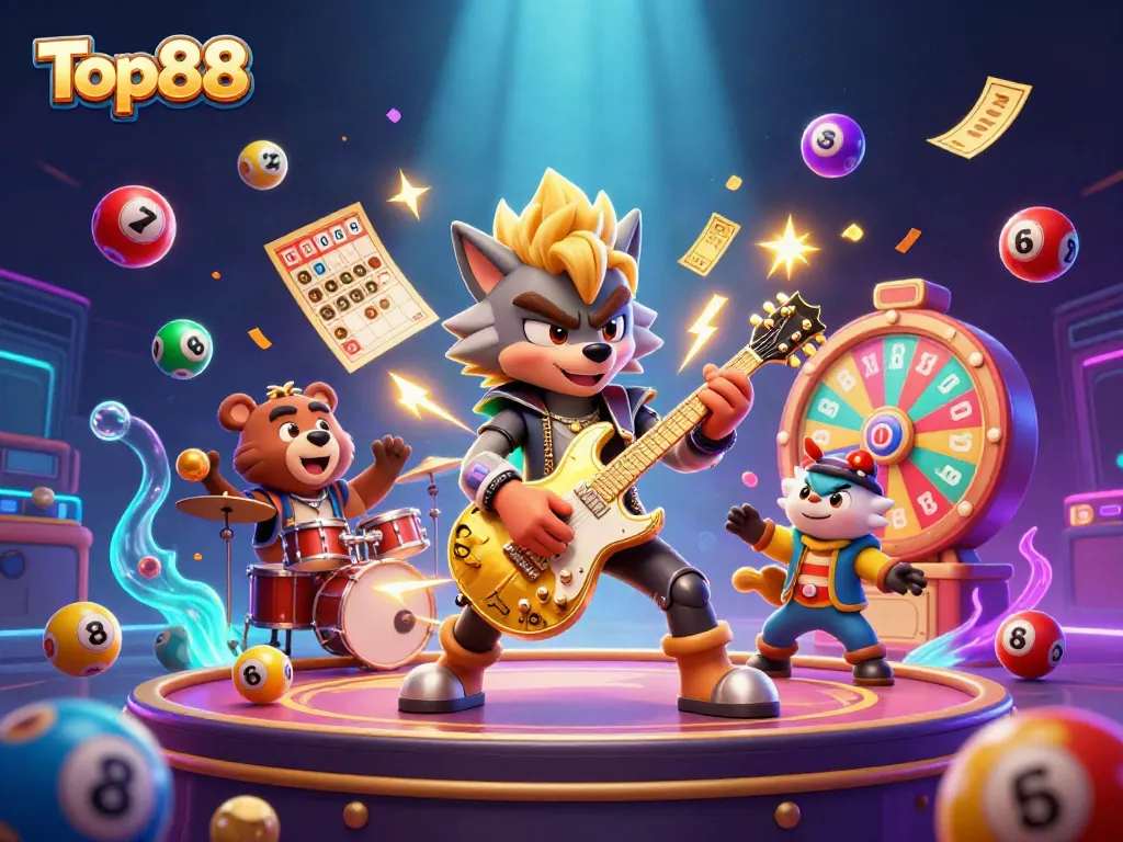 Experience Top88 excitement with a vibrant 3D casino illustration showcasing winning elements and lively characters.
