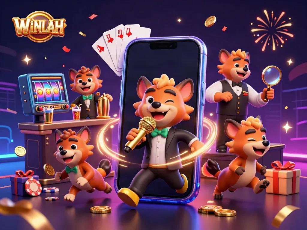 WINLAH's hyena-themed casino scene showcasing lively games and vibrant energy in 3D illustration.