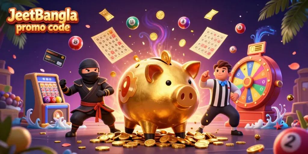 Engage with the JeetBangla promo code to unlock thrilling bonuses while vibrant casino elements come alive around playful characters.