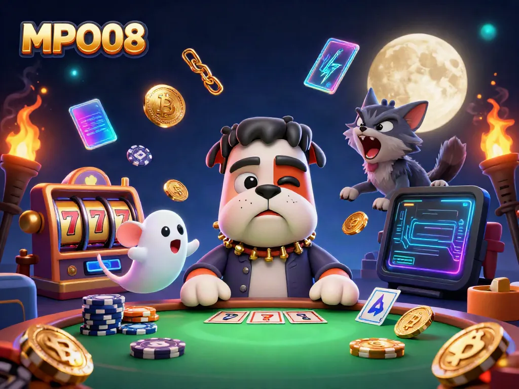 MPO08 showcases a spooky casino scene with a monster dealer, ghostly elements, and vibrant gaming tokens.