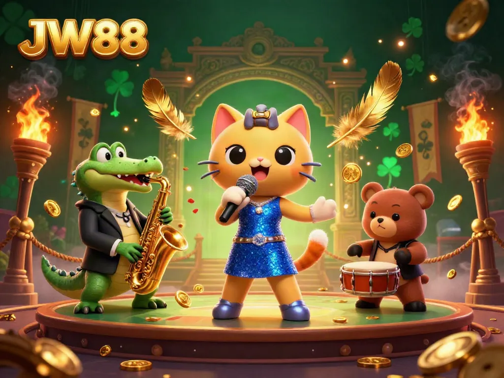 Experience excitement at JW88 with a lively casino illustration featuring iconic characters and elements.