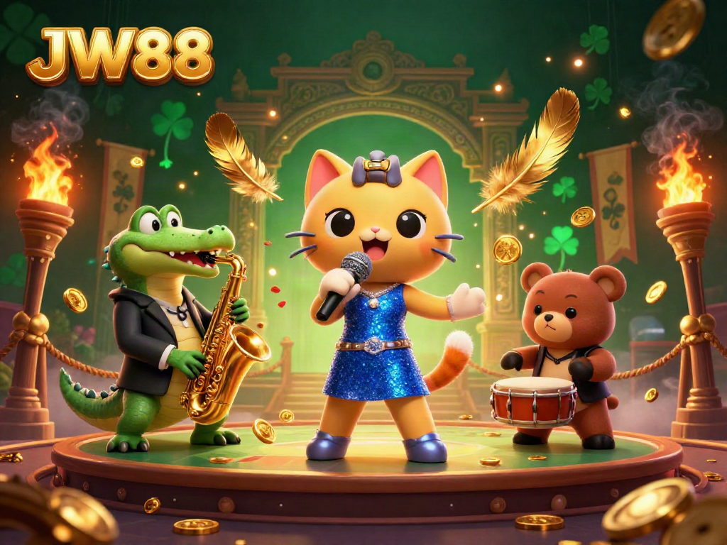 Experience excitement at JW88 with a lively casino illustration featuring iconic characters and elements.