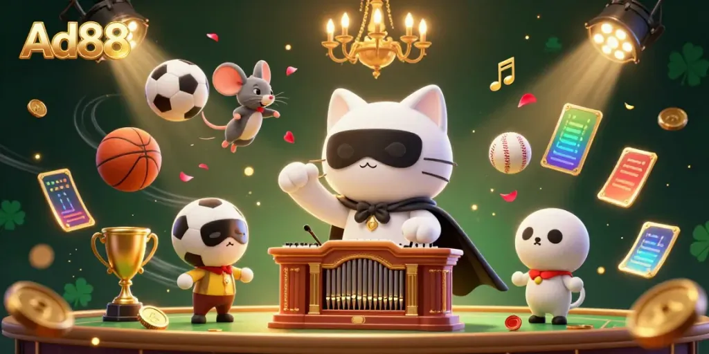 Experience vibrant casino thrills with the Ad88 phantom cat and sports elements in a dynamic scene.