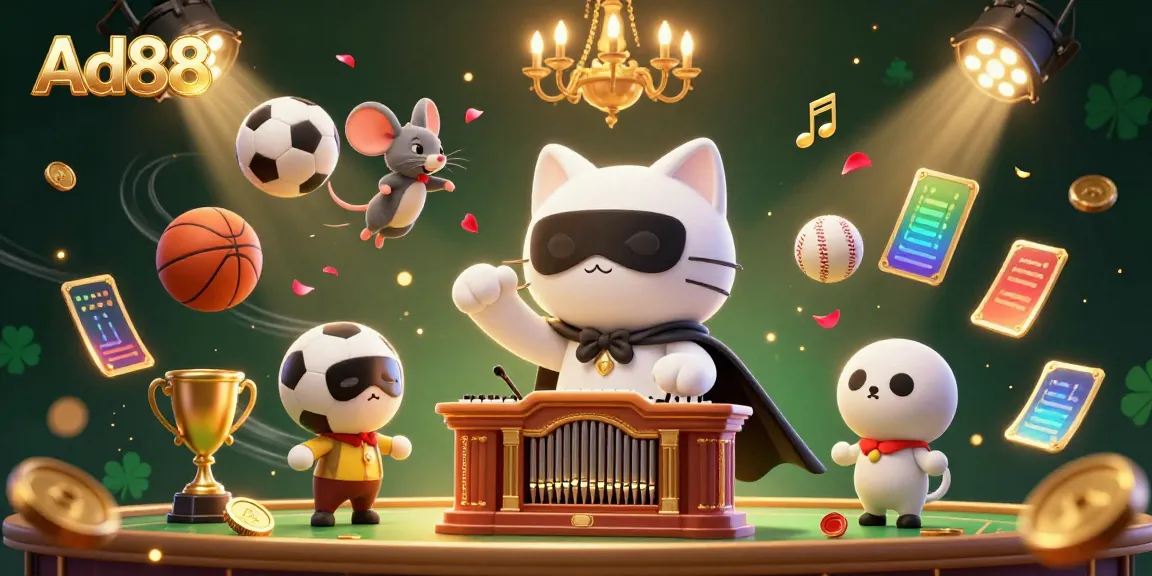 Experience vibrant casino thrills with the Ad88 phantom cat and sports elements in a dynamic scene.