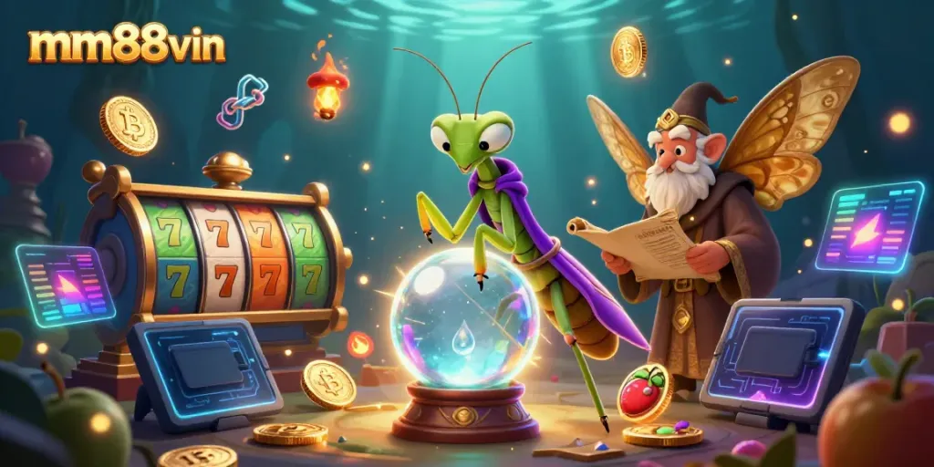 Engage with mm88vin in an immersive 3D casino atmosphere featuring vibrant slot machine elements and fortune tellers.