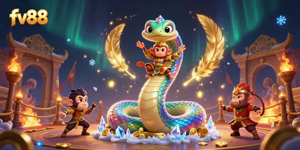 Engage in thrilling gameplay with the fv88 rainbow serpent and monkey king amidst stunning casino elements.