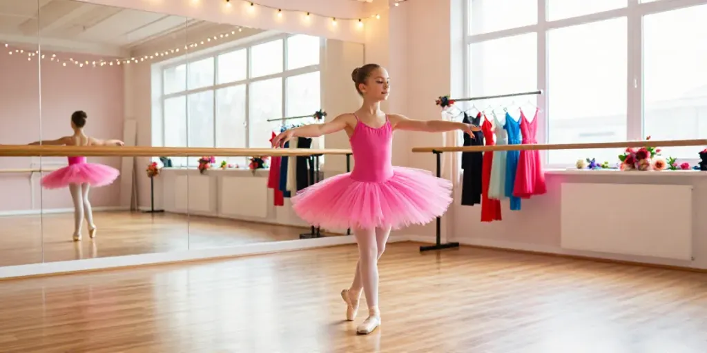 Girl practicing ballet in a tutu store studio filled with light and costumes.
