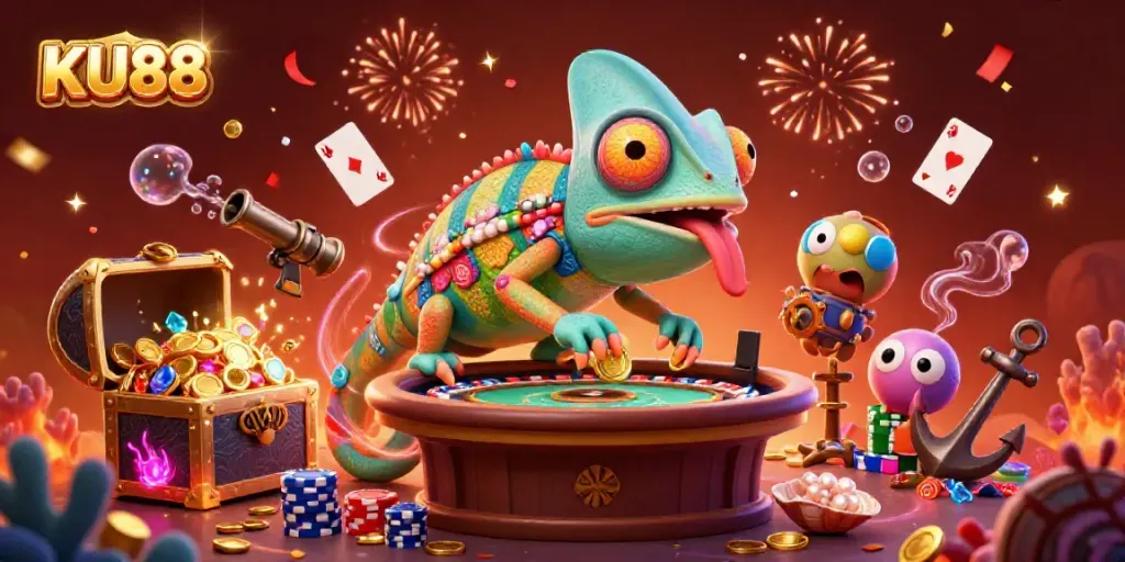 Experience exciting casino action with the KU88 chameleon mascot amidst dazzling treasures and games.
