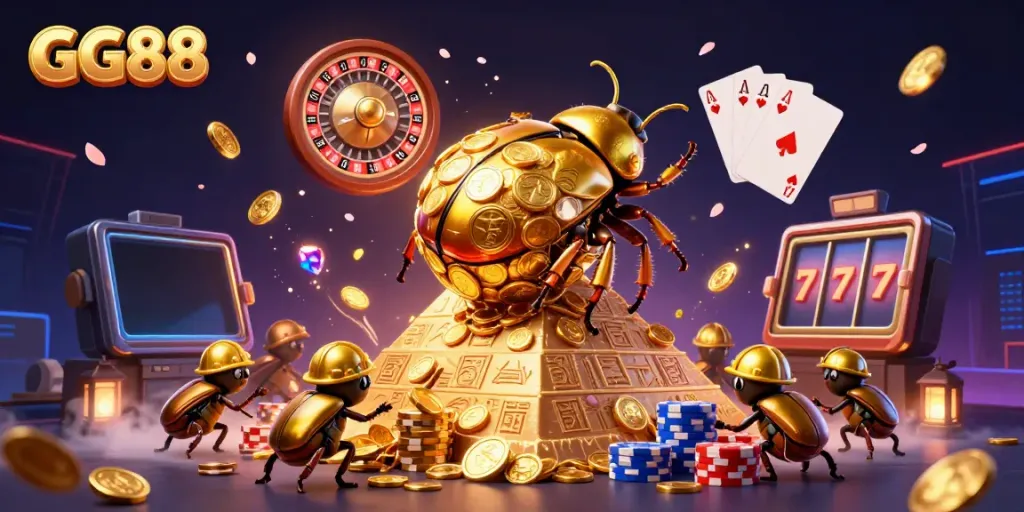 Experience the excitement of GG88 with a vibrant scene of gold coins, casino symbols, and animated beetles.