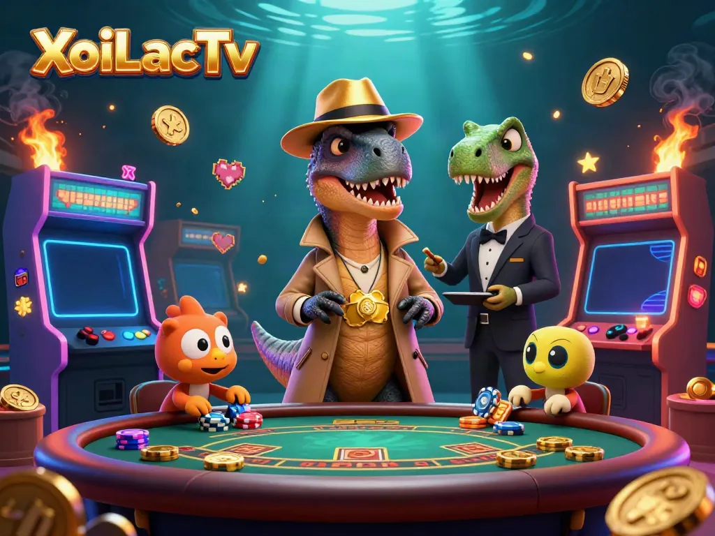 XoiLacTv highlights a velociraptor card counter blending into a vibrant casino scene with colorful arcade elements.